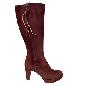 Pollini Suede‎ Knee High Boot Womens SZ 6.5 Maroon Tassel Tall Heel Double Zip
